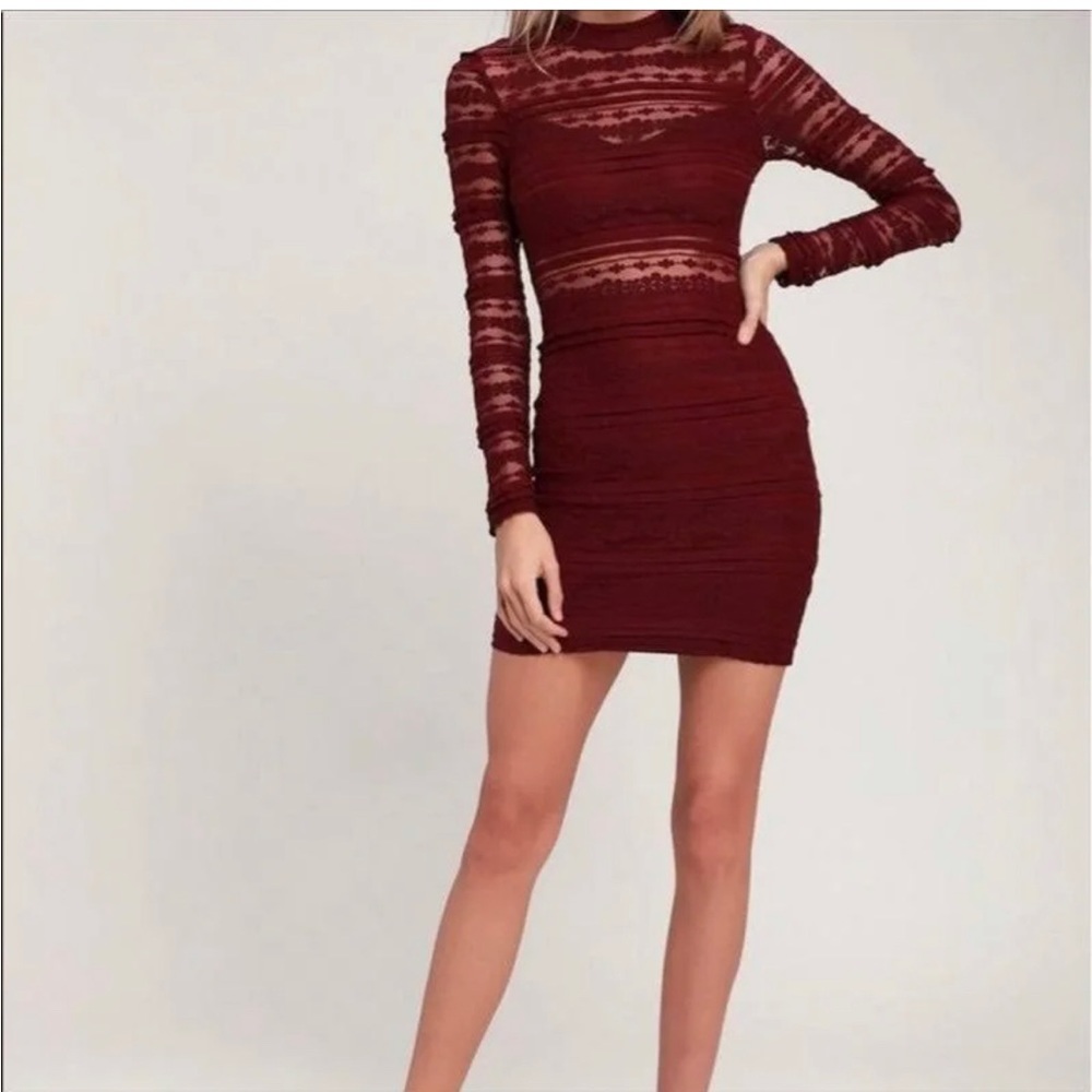 Lulu’s Long Sleeve Burgundy Lace Bodycon Dress